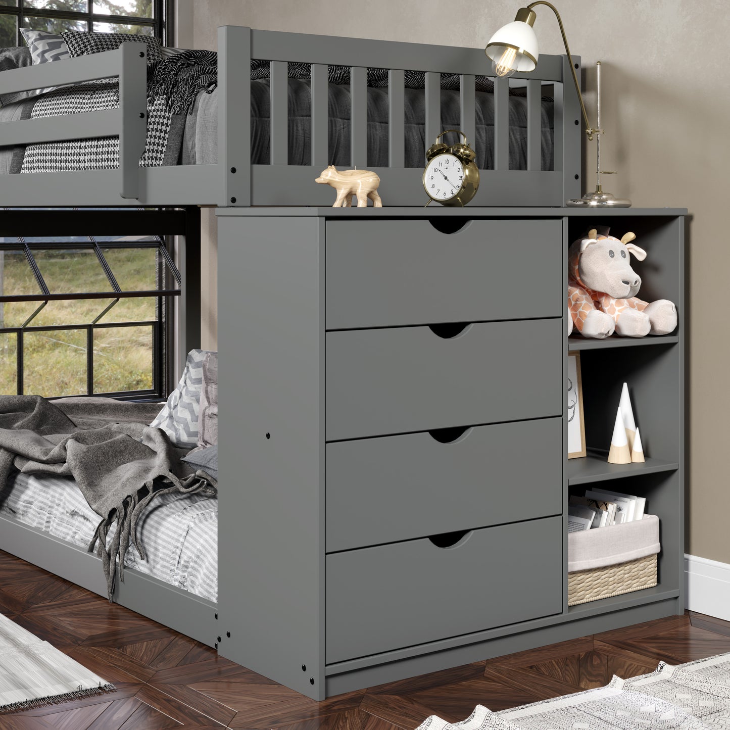Moby Mission Twin over Twin Bunk bed with 4 Drawer Dresser & Shelves