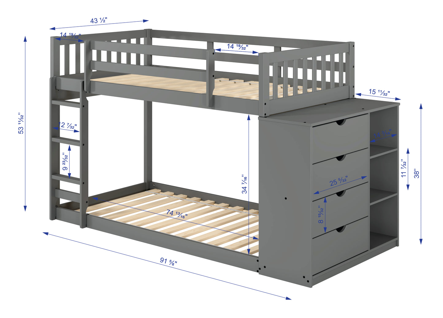 Moby Mission Twin over Twin Bunk bed with 4 Drawer Dresser & Shelves