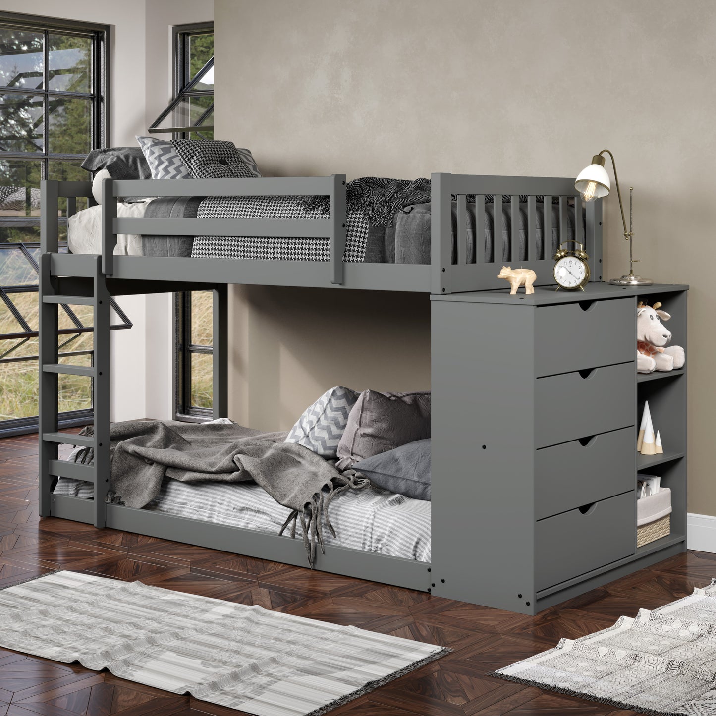 Moby Mission Twin over Twin Bunk bed with 4 Drawer Dresser & Shelves