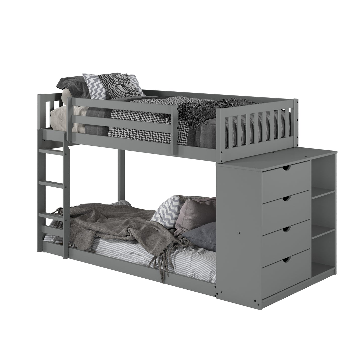 Moby Mission Twin over Twin Bunk bed with 4 Drawer Dresser & Shelves