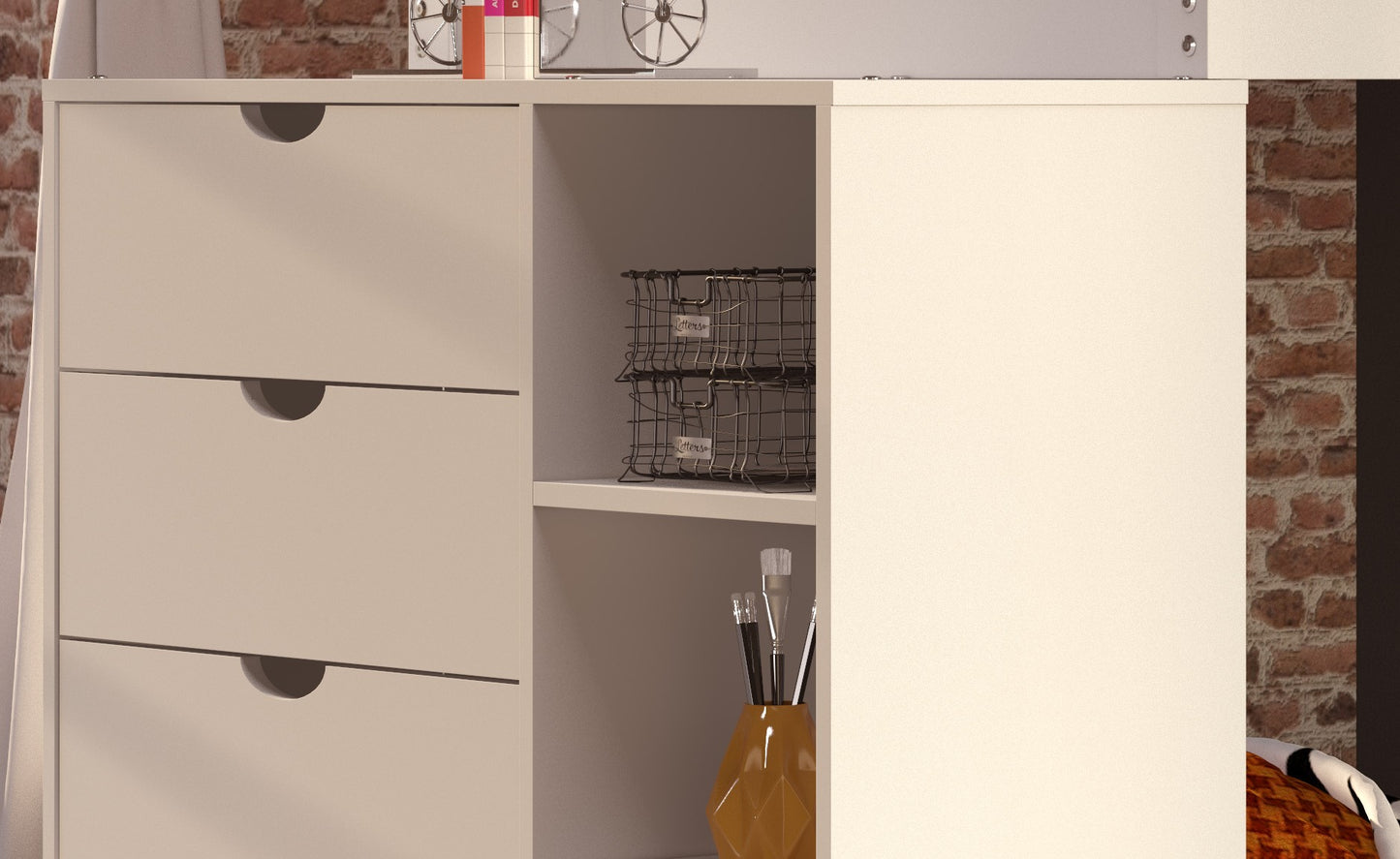 Moby Mission Twin over Twin Bunk bed with 4 Drawer Dresser & Shelves
