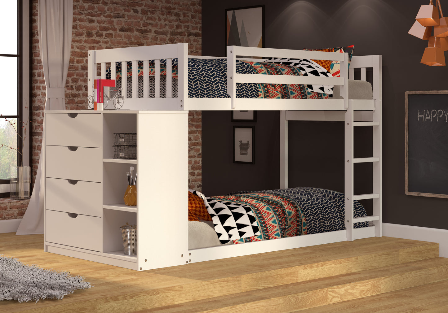 Moby Mission Twin over Twin Bunk bed with 4 Drawer Dresser & Shelves