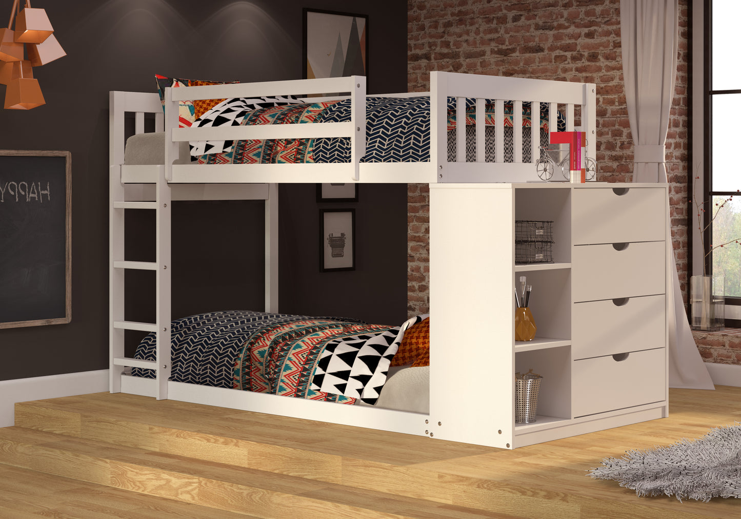 Moby Mission Twin over Twin Bunk bed with 4 Drawer Dresser & Shelves