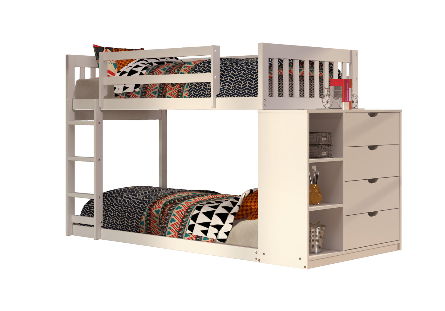 Moby Mission Twin over Twin Bunk bed with 4 Drawer Dresser & Shelves