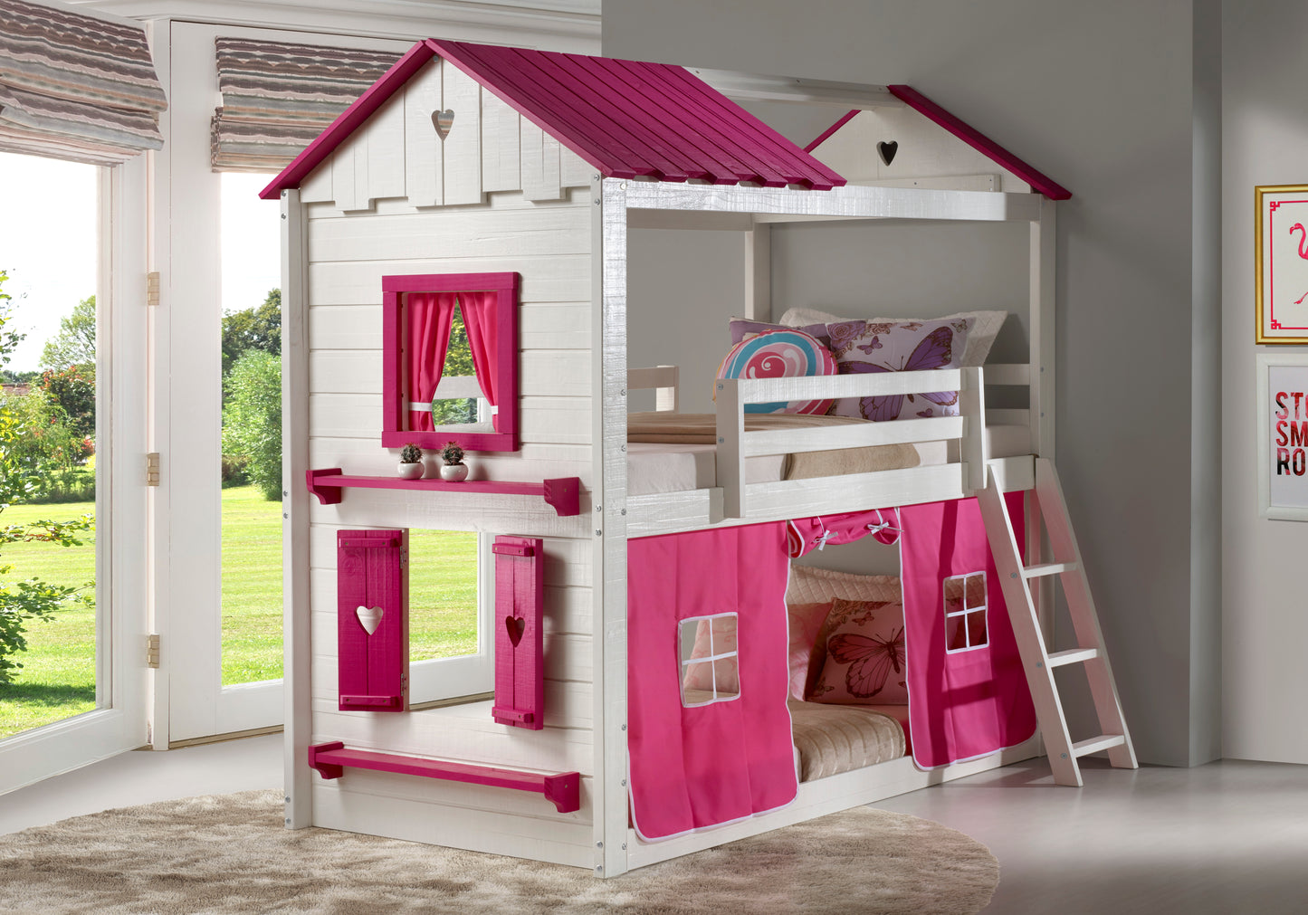 Sweetheart Twin over Twin White & Pink House Bunkbed