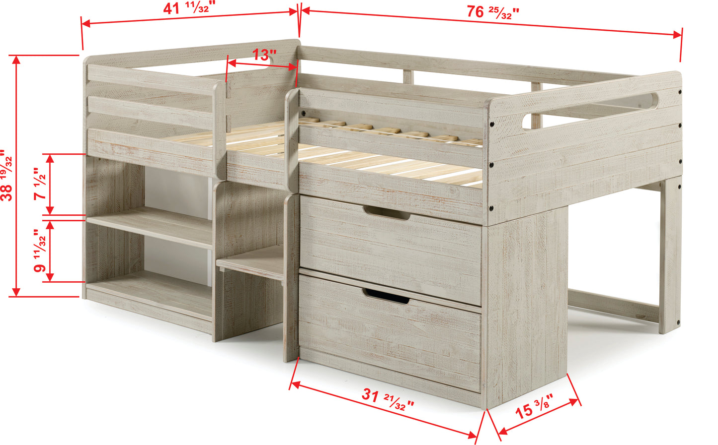 Handles Twin Light Grey Rustic Low Loft Bed