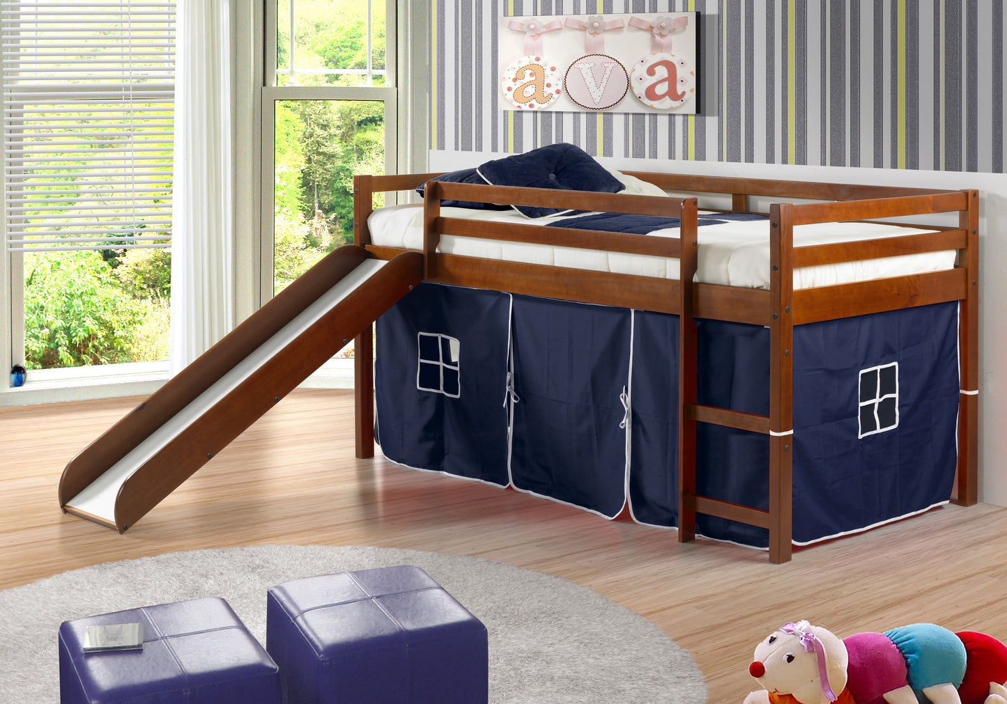 Twin White Low Loft Bed with Slide & Tent