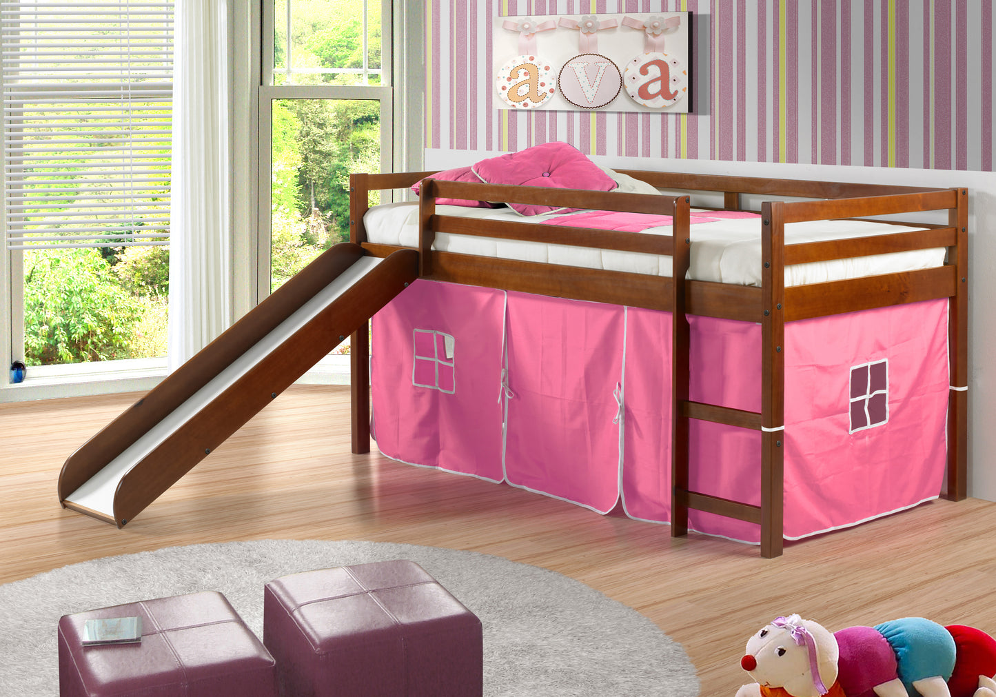 Twin White Low Loft Bed with Slide & Tent