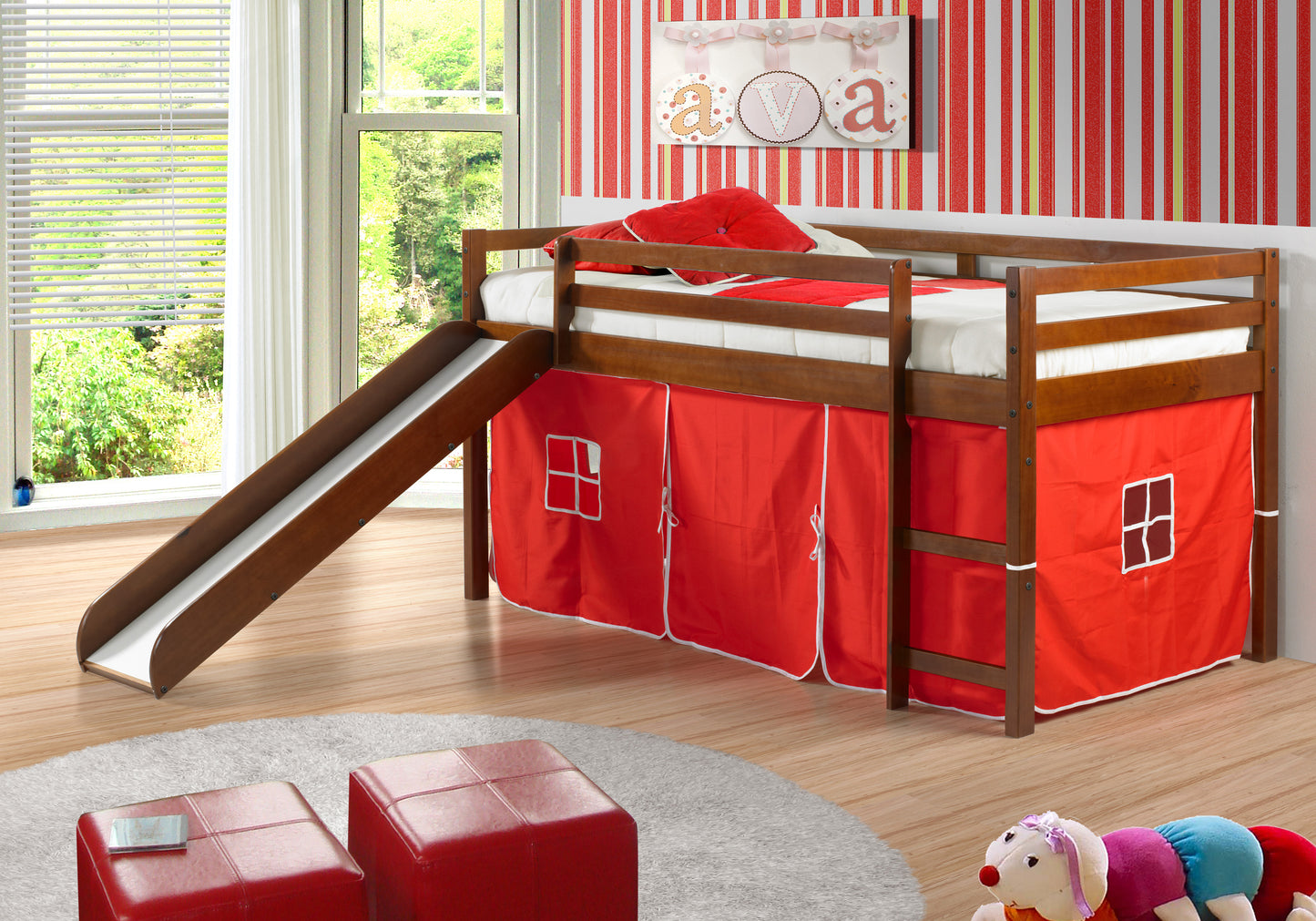 Twin White Low Loft Bed with Slide & Tent