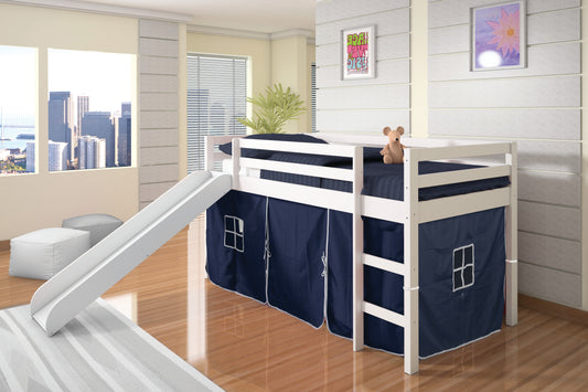 Twin White Low Loft Bed with Slide & Tent