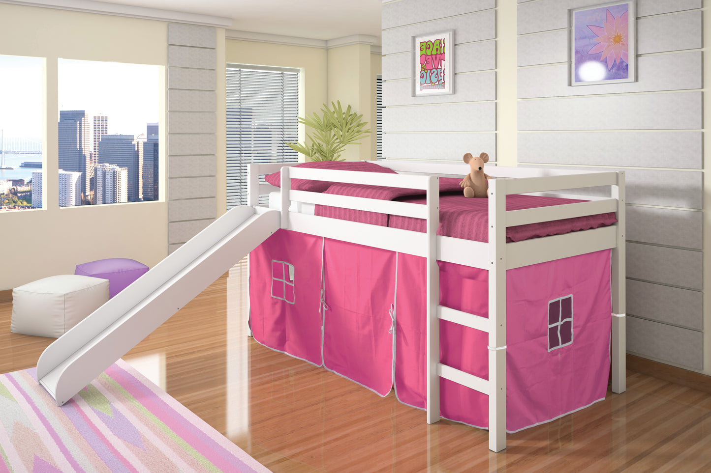 Twin White Low Loft Bed with Slide & Tent