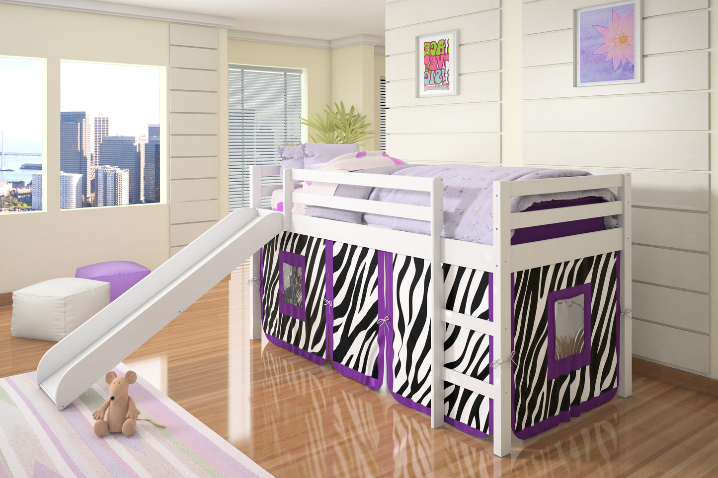 Twin White Low Loft Bed with Slide & Tent