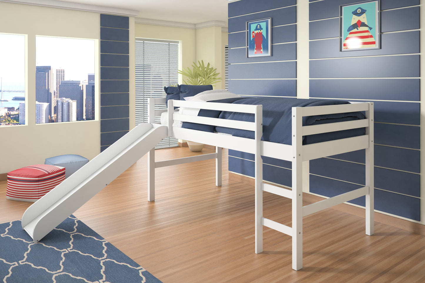 Twin White Low Loft Bed with Slide & Tent