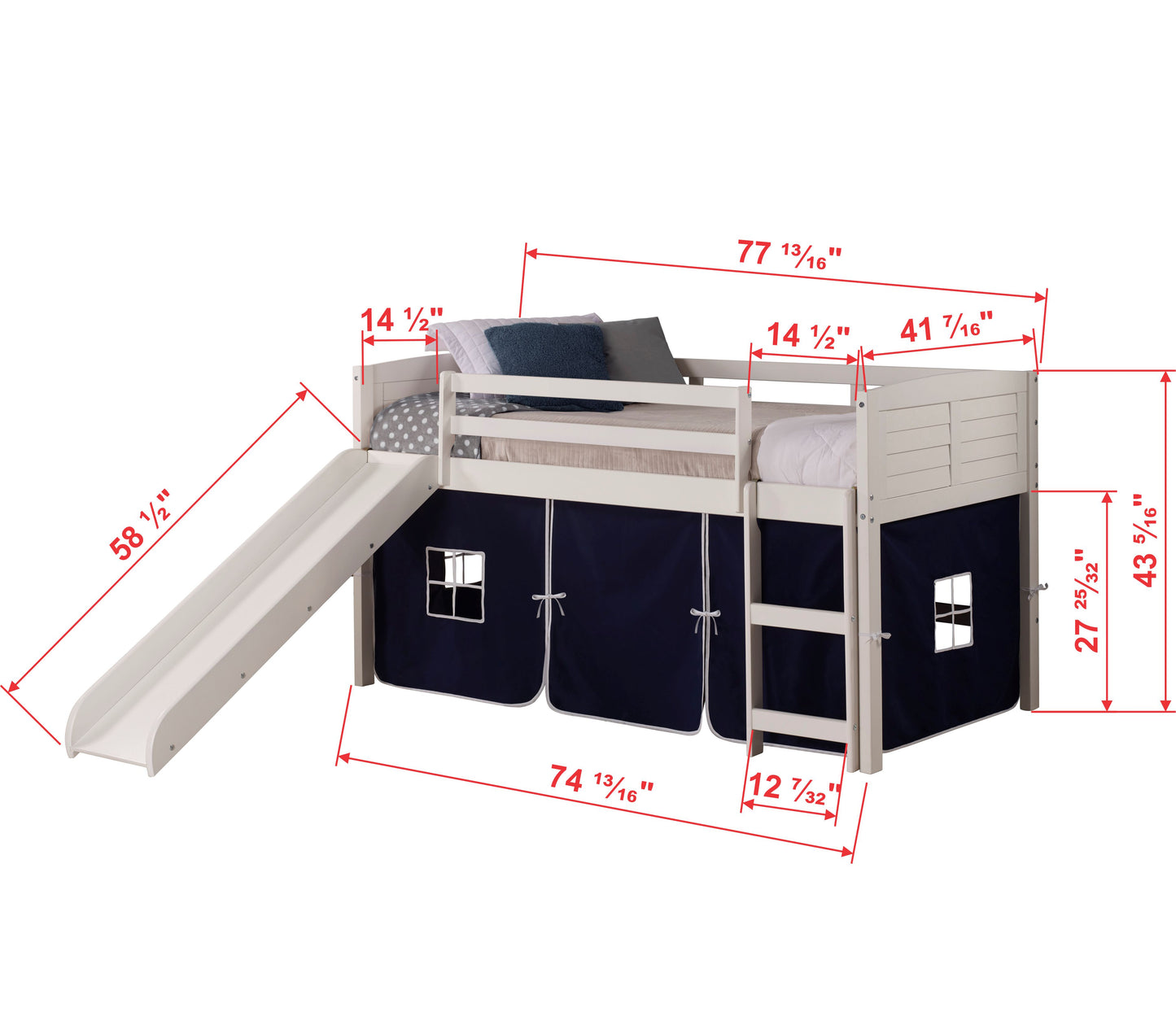 Twin Over Twin Low Bunk Bed With Curtain & Slide