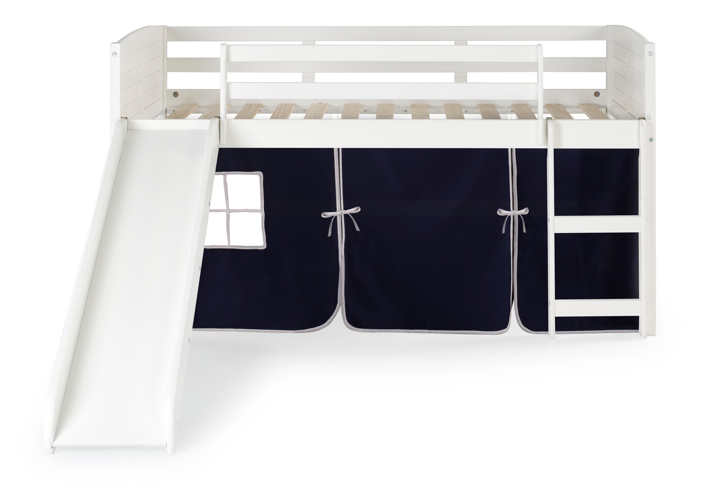 Twin Over Twin Low Bunk Bed With Curtain & Slide