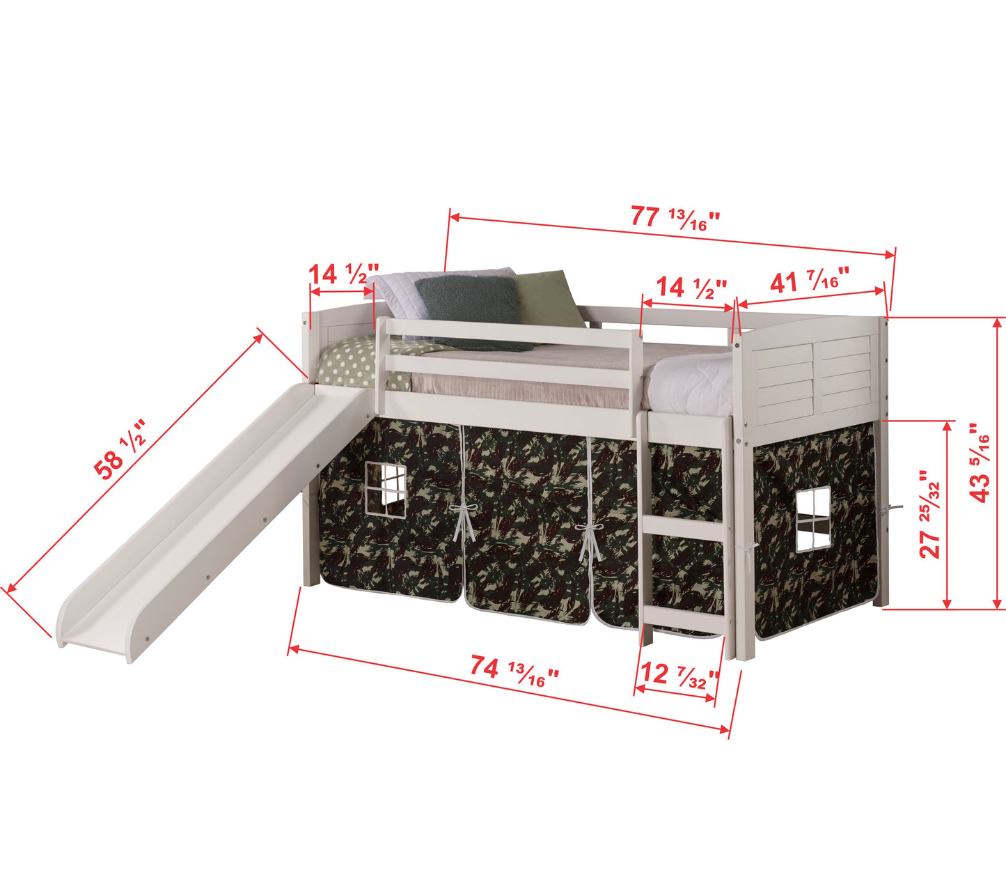 Twin Over Twin Low Bunk Bed With Curtain & Slide