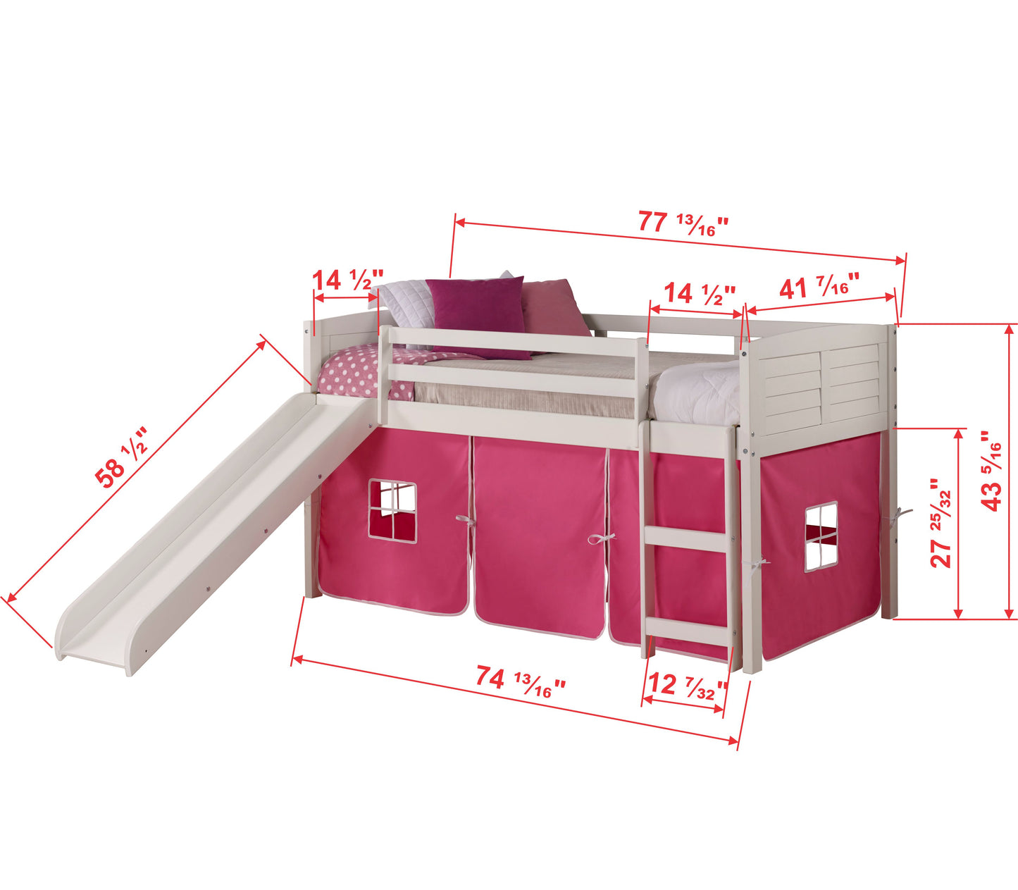 Twin Over Twin Low Bunk Bed With Curtain & Slide