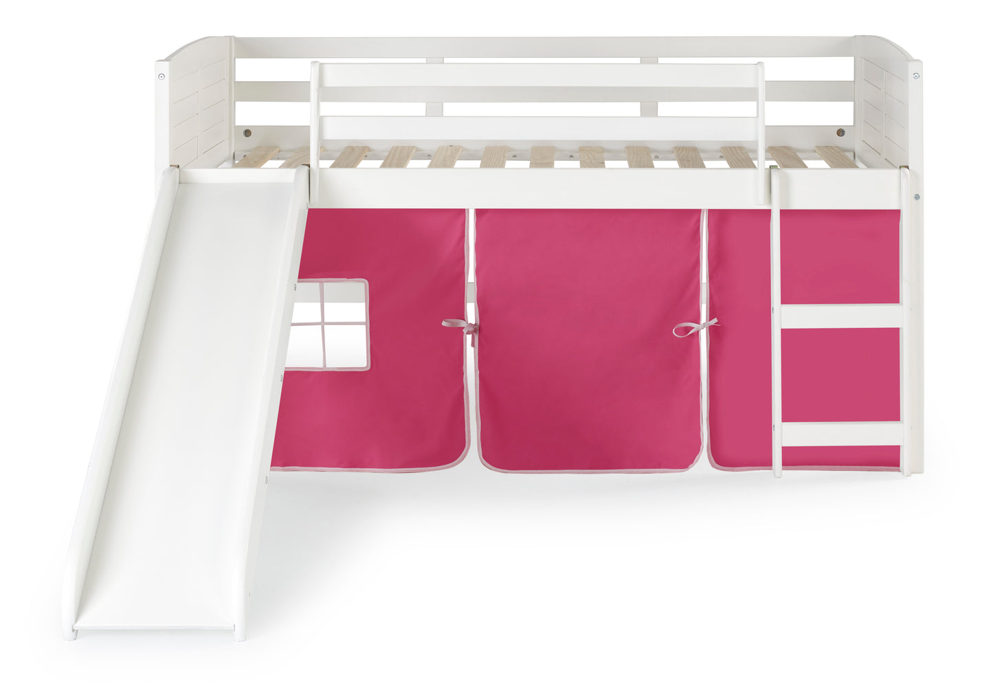 Twin Over Twin Low Bunk Bed With Curtain & Slide