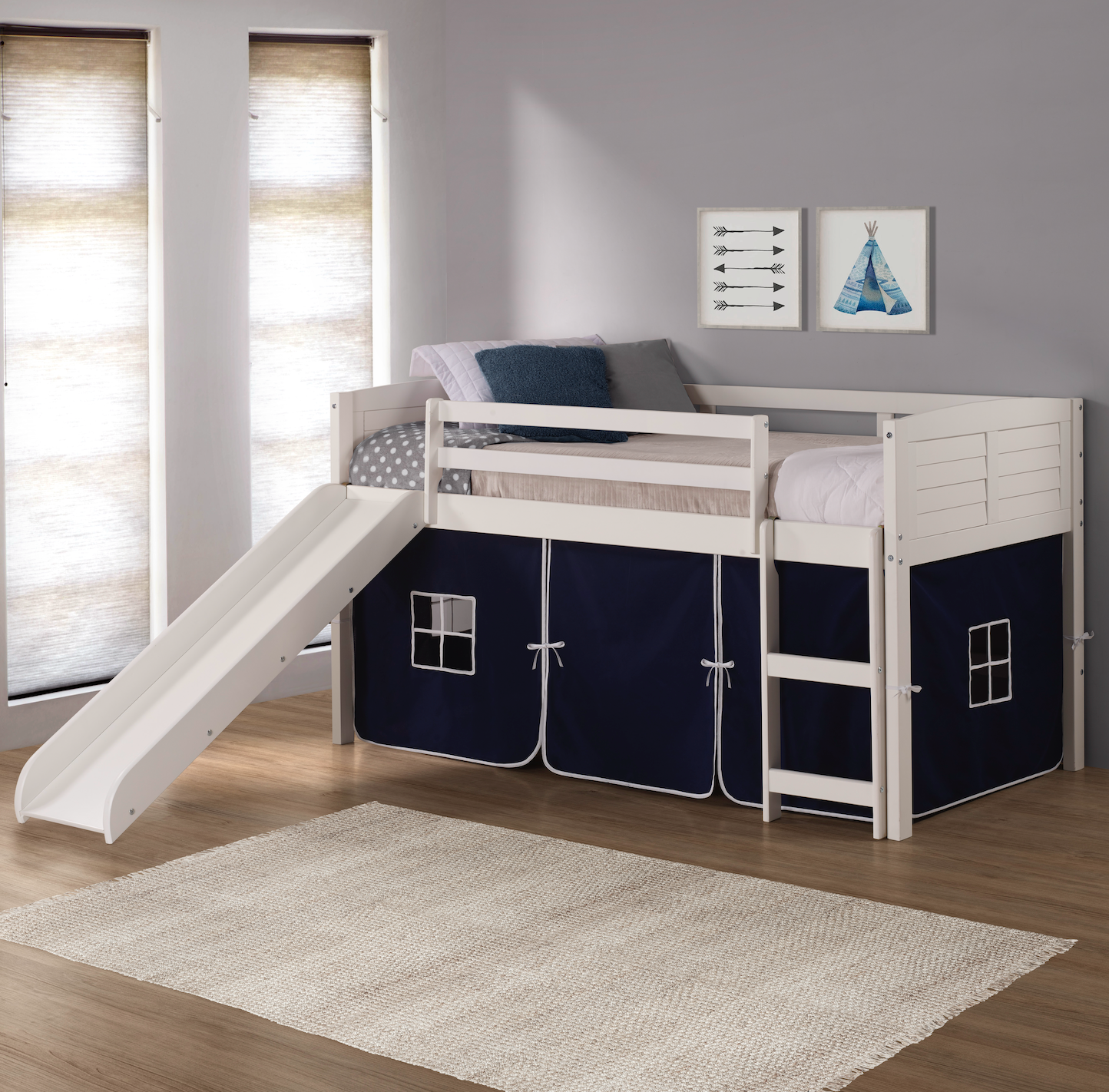 Twin Over Twin Low Bunk Bed With Curtain & Slide