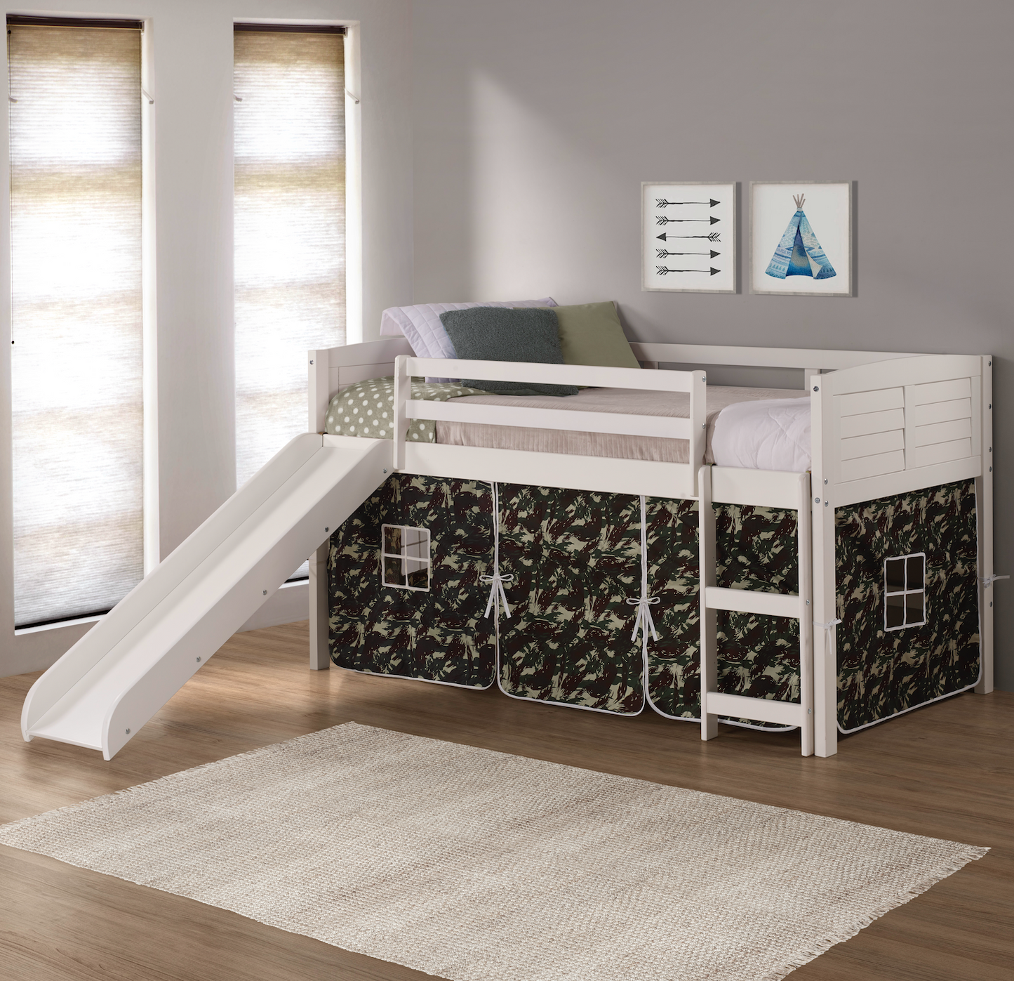 Twin Over Twin Low Bunk Bed With Curtain & Slide