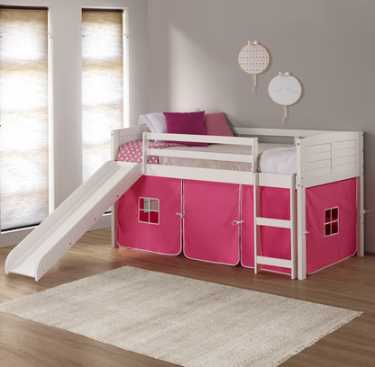 Twin Over Twin Low Bunk Bed With Curtain & Slide