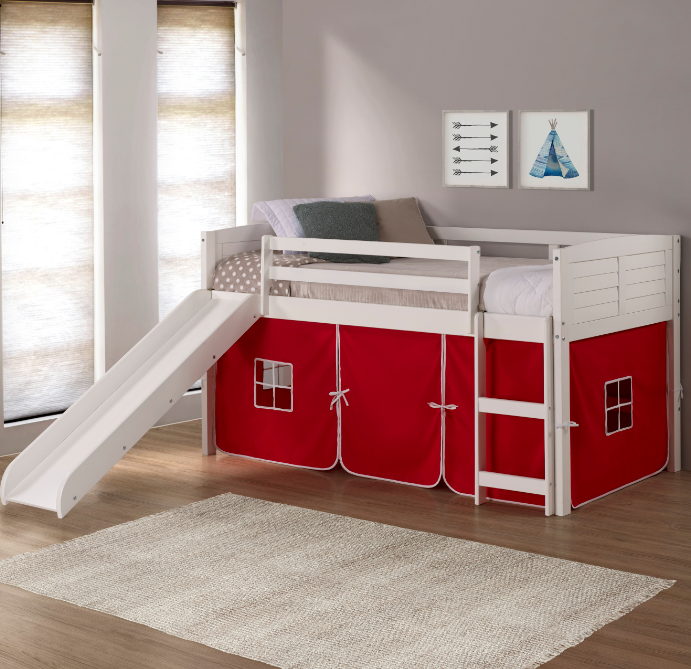 Twin Over Twin Low Bunk Bed With Curtain & Slide