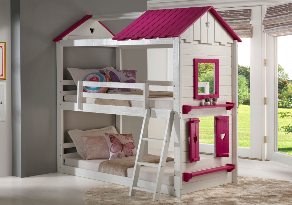 Sweetheart Twin over Twin White & Pink House Bunkbed