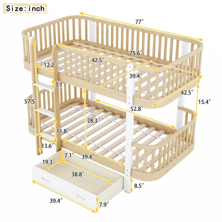 Veale Wood Twin over Twin Bunk Bed with Fence Guardrail and a Big Drawer