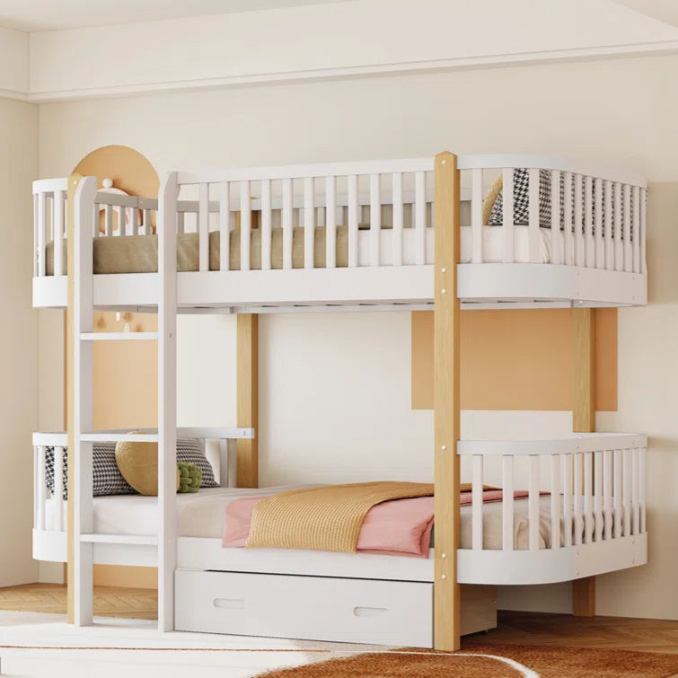 Veale Wood Twin over Twin Bunk Bed with Fence Guardrail and a Big Drawer